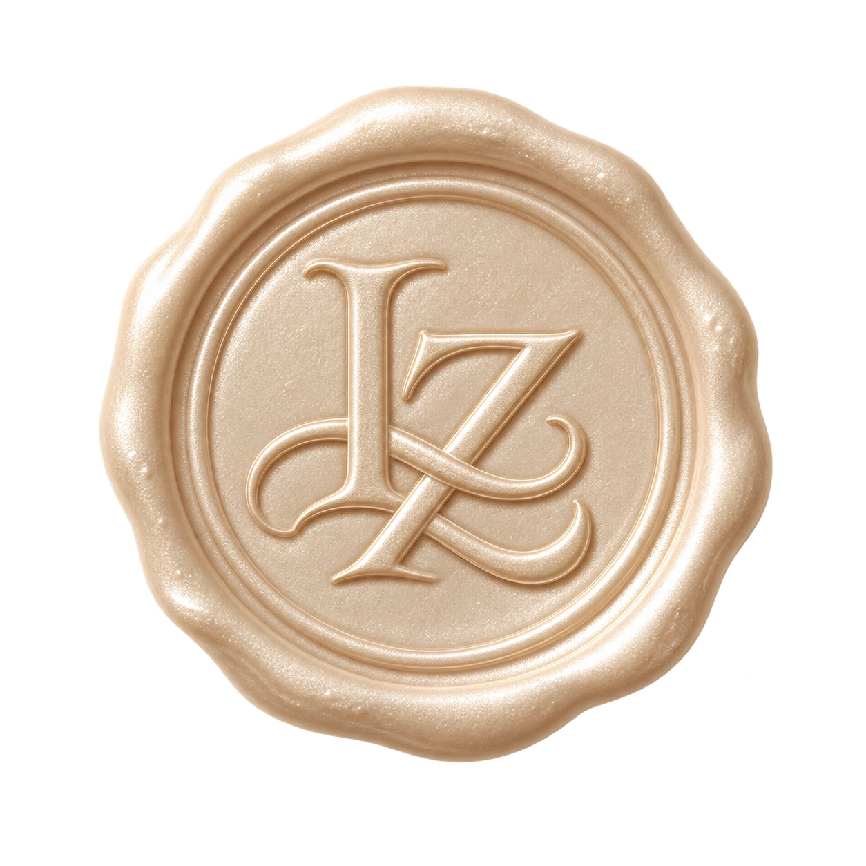 Pearlescent champagne wax seal with Layla and Zaid’s interlocking LZ initials
